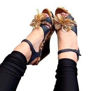 Arden B Wedge Sandals Navy Blue Floral Embellished Ankle Strap Espadrilles - 8
